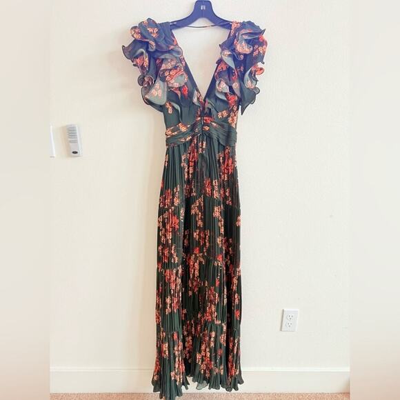 Johanna Ortiz Renaissance Forest Green Floral Print Ruffle Silk Maxi Gown 2 - Picture 9 of 15